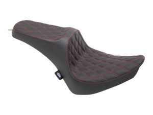 Comfortable black motorcycle seat with red stitching, designed for enhanced riding experience.