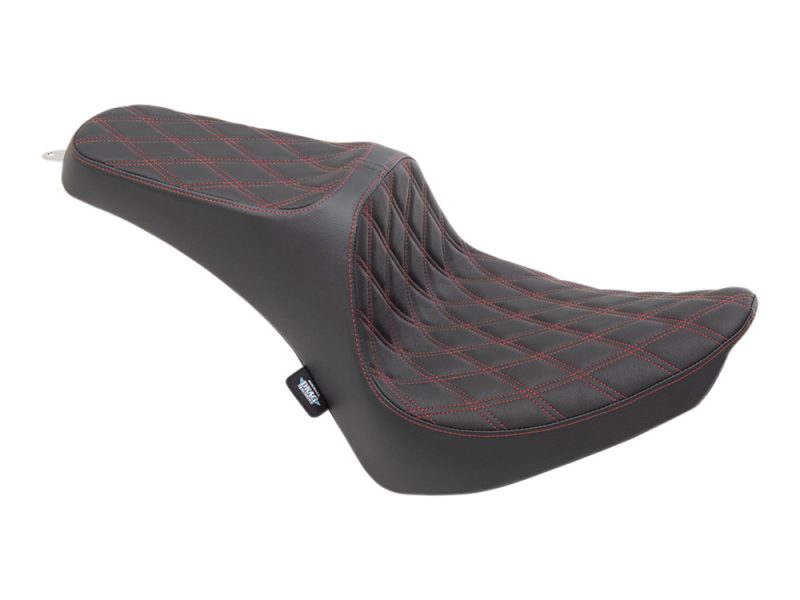Comfortable black motorcycle seat with red stitching, designed for enhanced riding experience.
