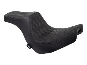 Comfortable black motorcycle seat with diamond stitching for rider comfort and style.