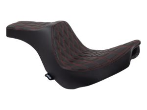 Comfortable black motorcycle seat with red stitching for Revelry motorcycles.