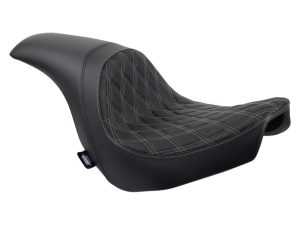 Comfortable black motorcycle seat with diamond stitching for Revelry motorcycles.