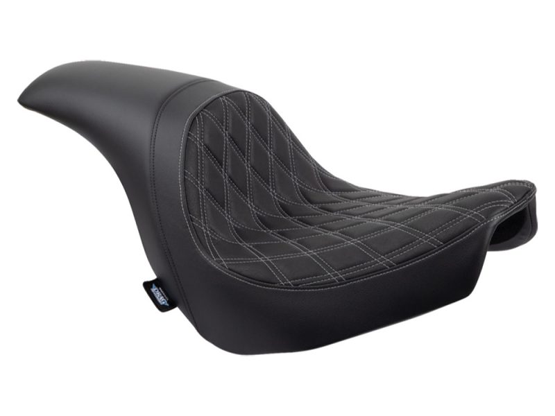 Performance Predator Dual Seat with Silver Double Diamond Lattice Stitch. Fits Sport Glide & Low Rider 2018up Comfortable black motorcycle seat with diamond stitching for Revelry motorcycles.