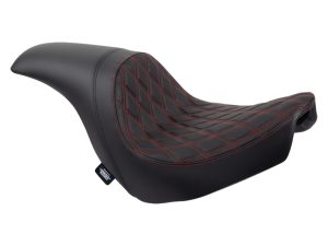 Black motorcycle seat with diamond-stitched red accents and premium leather finish.