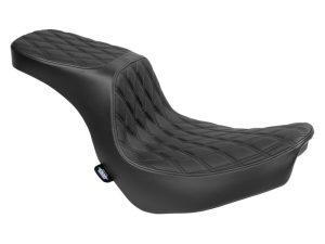 Black motorcycle seat with diamond stitching, durable and comfortable for motorcycle riders.