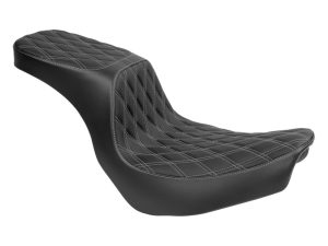 Vintage black leather motorcycle seat with diamond stitching.