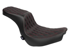 Stylish black motorcycle seat with red diamond stitching for Revelry motorcycles.