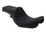 Comfortable black motorcycle seat with quilted design for Harley Davidson bikes.