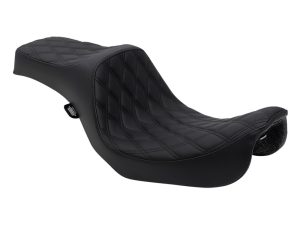 Comfortable black motorcycle seat with quilted design for Harley Davidson bikes.