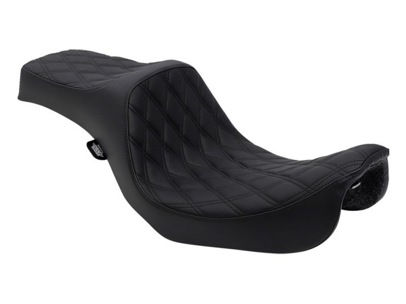 Comfortable black motorcycle seat with quilted design for Harley Davidson bikes.