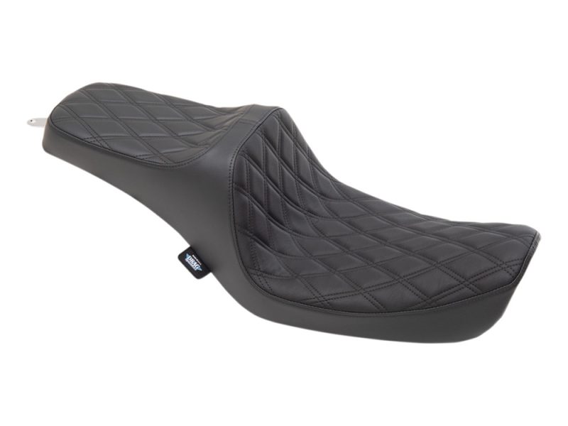 Predator 3 Dual Seat with Black Double Diamond Lattice Stitch. Fits Dyna 1996-2003 Vintage black leather motorcycle seat for Revelry Motorcycles, custom cruiser bike parts.