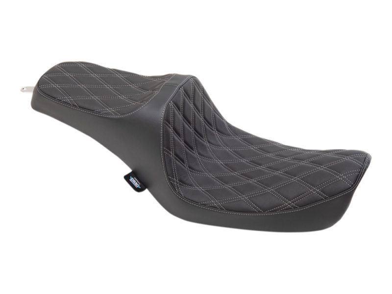 Predator 3 Dual Seat with Silver Double Diamond Lattice Stitch. Fits Dyna 1996-2003 Leather motorcycle seat with diamond stitching for comfort and style.