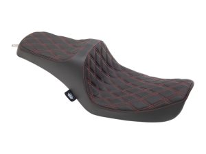 High-quality motorcycle seat with black and red stitching, designed for comfort and style.