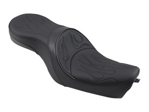 Leather motorcycle seat with flame stitching for Harley Davidson bikes.