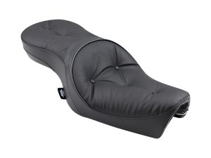 Comfortable black motorcycle passenger seat for Revelry Motorcycles.