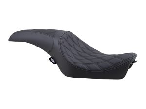 Comfortable black motorcycle seat with diamond stitch detailing for custom cruiser bikes.