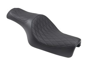 Black leather motorcycle seat with diamond stitching, designed for comfort and style.