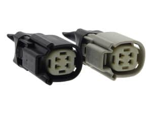 Male and female motorcycle electrical connectors for Revelry Motorcycles.