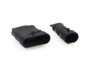 Black motorcycle electrical connectors for Revelry Motorcycles.