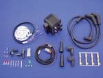 Blue motorcycle wiring harness and electrical components kit.