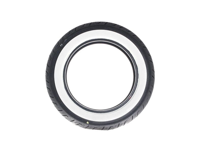 Penny black and white wall tire for vintage motorcycle, black rubber with white sidewall.