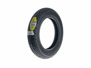 Dunlop motorcycle tire for Revelry Motorcycles, black rubber tyre with tread pattern.