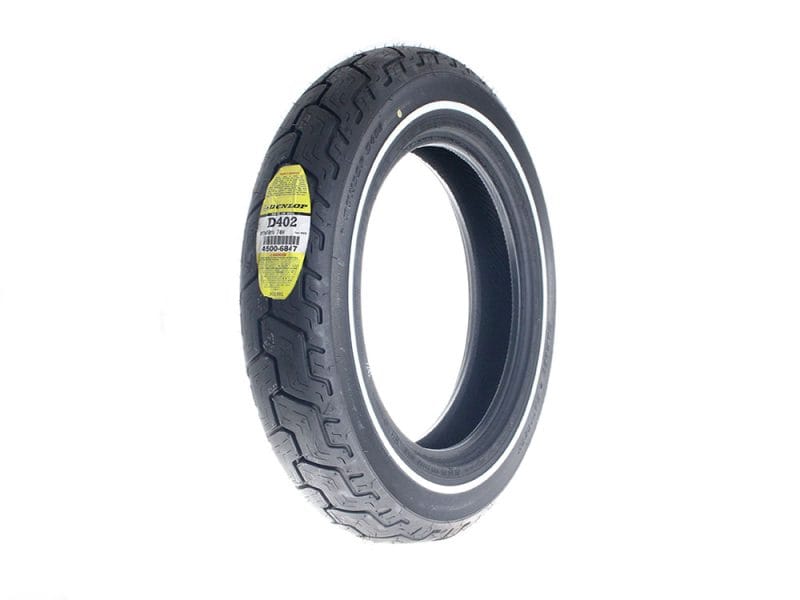 Dunlop D402 16in. Single White Line Rear Tyre. MT90-B16 (130/90x16) Dunlop motorcycle tire with tread pattern, suitable for Harley-Davidson and cruiser bikes.