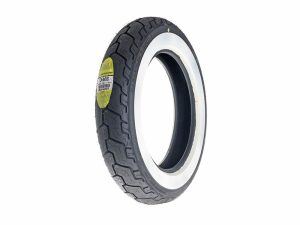 Dunlop D402 motorcycle tire for vintage and cruiser bikes, black with white sidewall detail.
