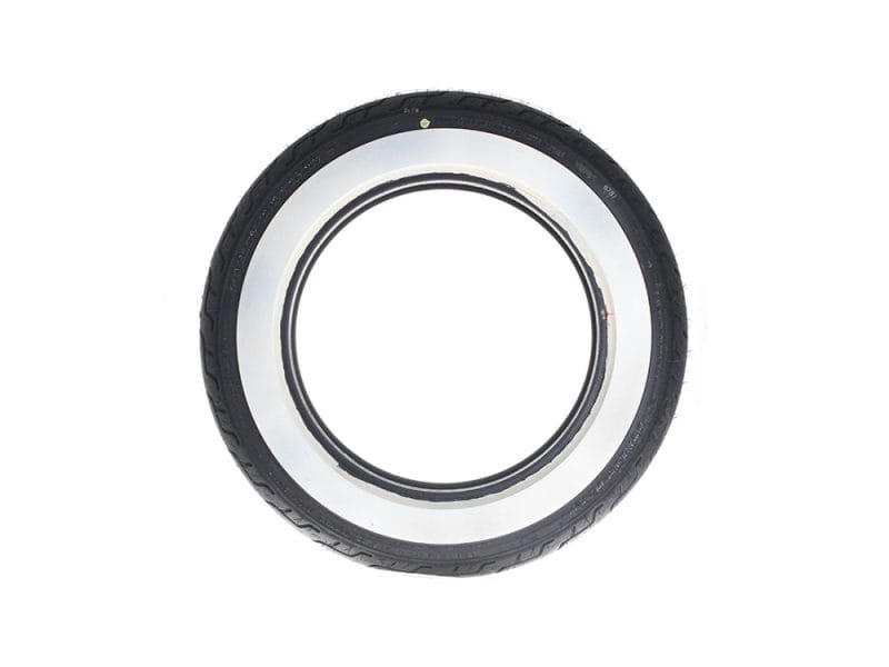 Vintage whitewall motorcycle tire for classic bikes and custom motorcycles.