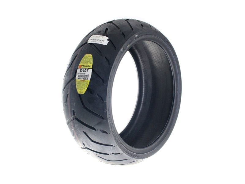 Dunlop motorcycle tire for Revelry Motorcycles with durable tread pattern.