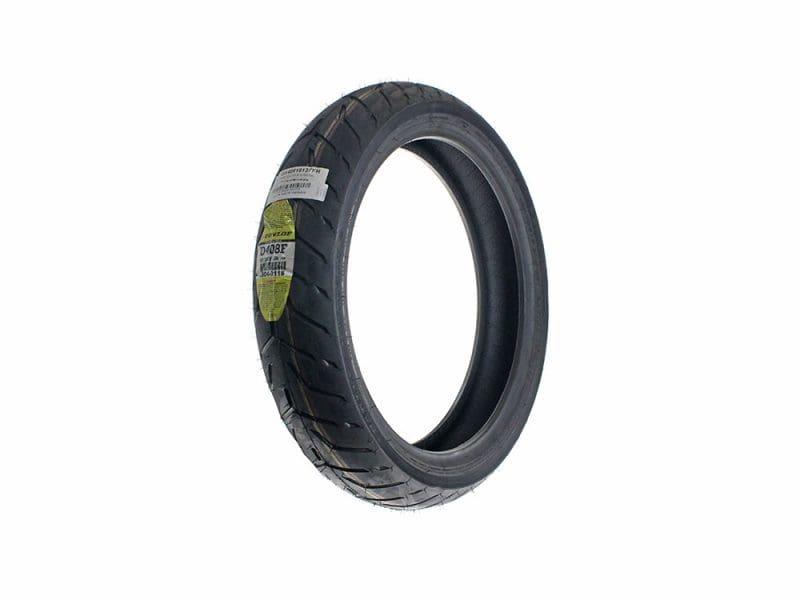 Dunlop D408 18in. Front Tyre. 130/70-R18 Dunlop motorcycle tire for Revelry Motorcycles, high-performance street tyre for bikes.