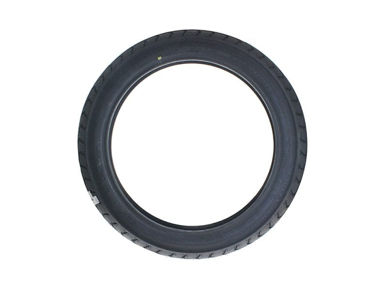 Black motorcycle tire suitable for custom bikes, part of Revelry Cycles' motorcycle accessories range.