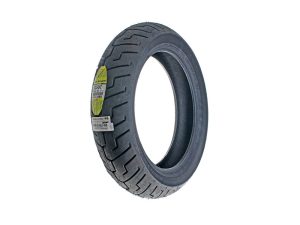 Dunlop motorcycle tire for Revelry Motorcycles, durable rubber with tread pattern.
