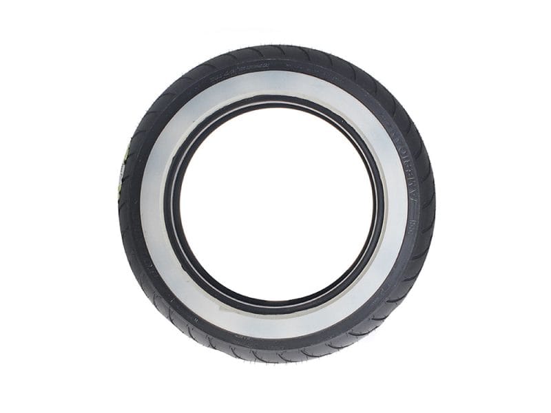 High-performance motorcycle tire with white sidewalls for Revelry Motorcycles enthusiasts.