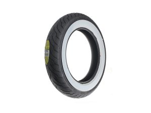 Rubber motorcycle tire for Revelry Motorcycles, black with white sidewall detail.