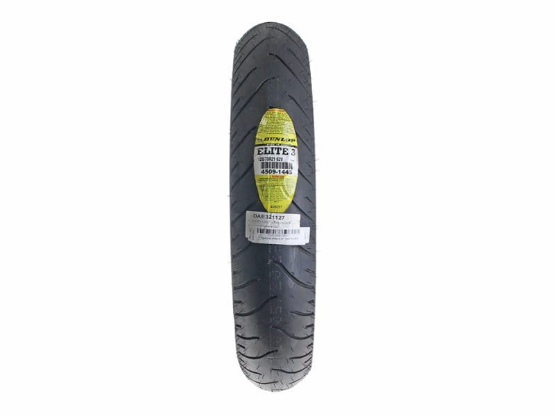Dunlop Elite 3 motorcycle tyre, perfect for Revelry Motorcycles. High-performance rubber for cruising and racing.