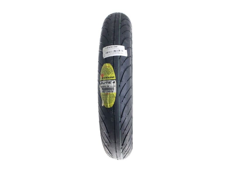 Dunlop Elite 4 motorcycle tyre for Revelry Motorcycles, high performance rider tyre in black.