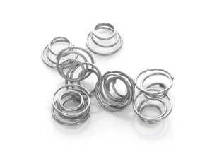 Metal coil springs for motorcycle suspension parts.