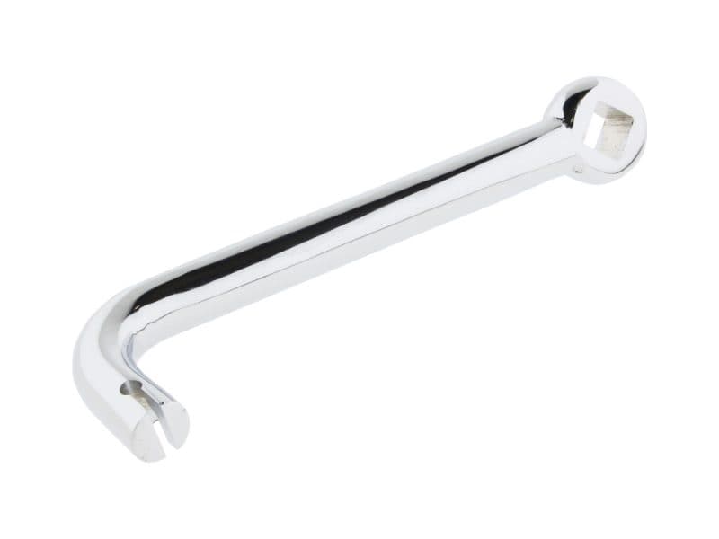 Shiny chrome motorcycle spanner tool for Revelry Motorcycles, durable and high-quality.