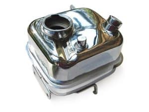 Polished motorcycle fuel tank with chrome finish for custom bikes and repairs.