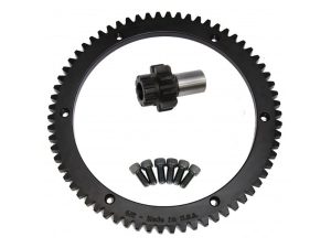 Black motorcycle sprocket and clutch hub kit for Revelry Motorcycles, essential for custom bike builds.