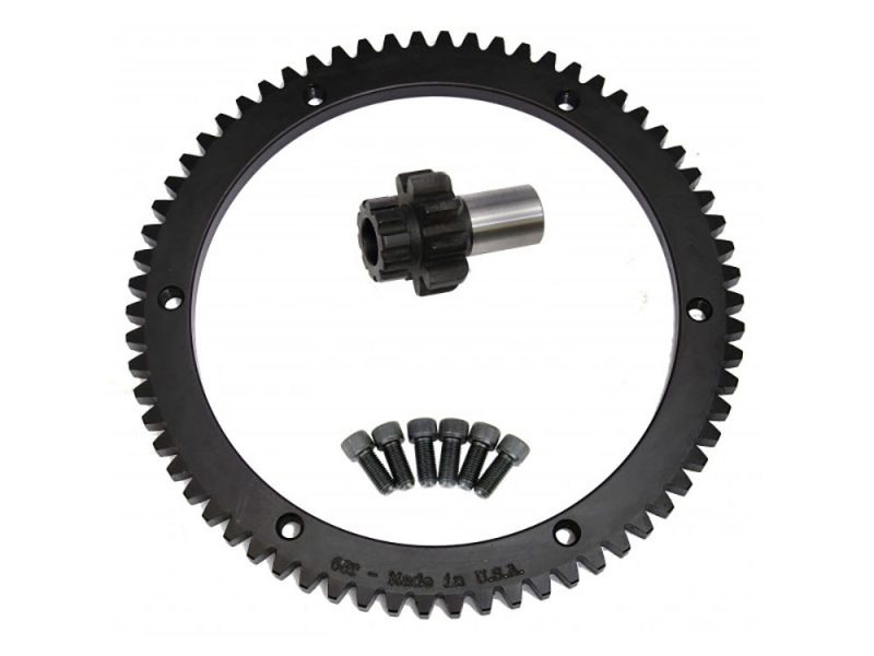 Black motorcycle sprocket and clutch hub kit for Revelry Motorcycles, essential for custom bike builds.