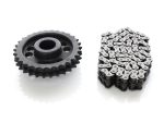 Black motorcycle sprocket and chain on white background.