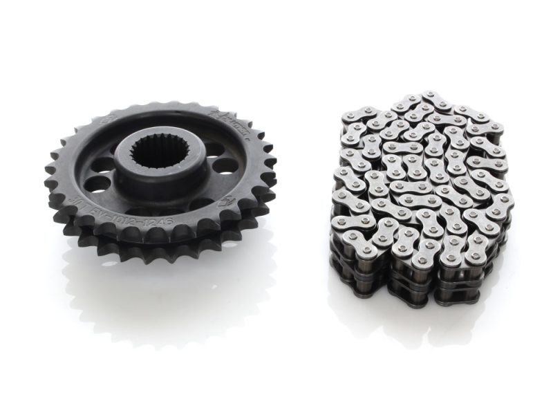 30 Tooth Power-Drive Compensator Eliminator Kit. Fits Touring 2017up. Black motorcycle sprocket and chain on white background.