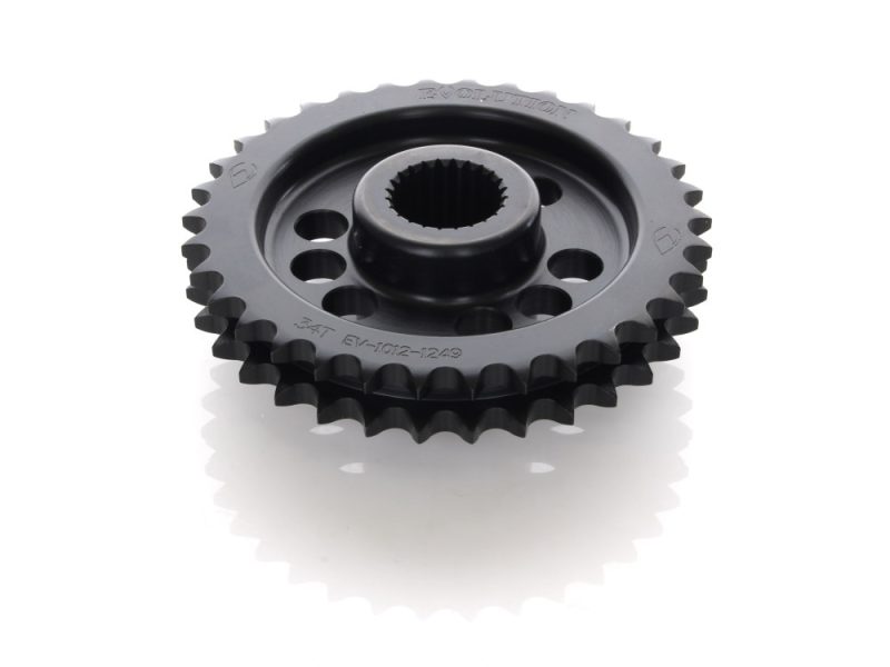 34 Tooth Compensator Eliminator Sprocket. Fits Touring 2017up & Softail 2018up Except 240 Tyre Models. High-quality motorcycle sprocket for Revelry Motorcycles, durable and reliable gear component.