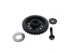 Black motorcycle sprocket with mounting hardware for Revelry Motorcycles bikes.