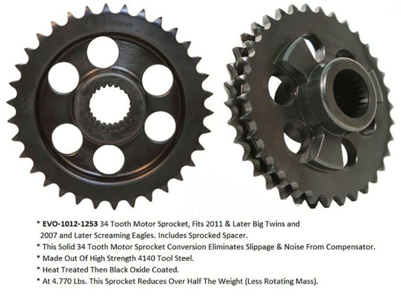 Black 34-tooth motorcycle sprocket for Harley Big Twins, lightweight and durable.