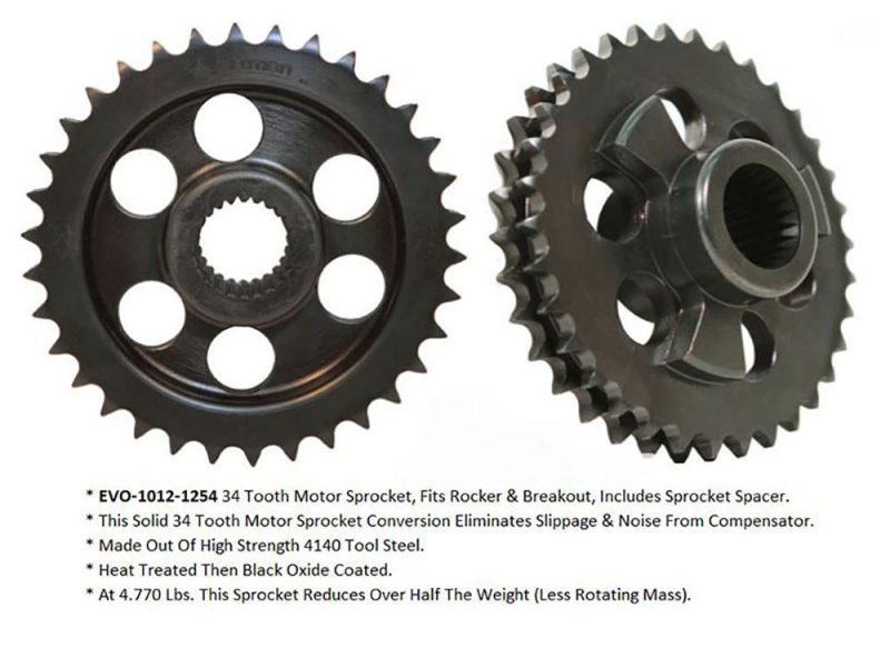 High strength black 34 tooth motor sprocket for motorcycles, fits rocker and breakout models.