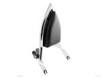 Sissy bar backrest with chrome support and black leather pad for motorcycle comfort and style.