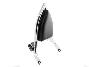 Sissy bar backrest with chrome support and black leather pad for motorcycle comfort and style.