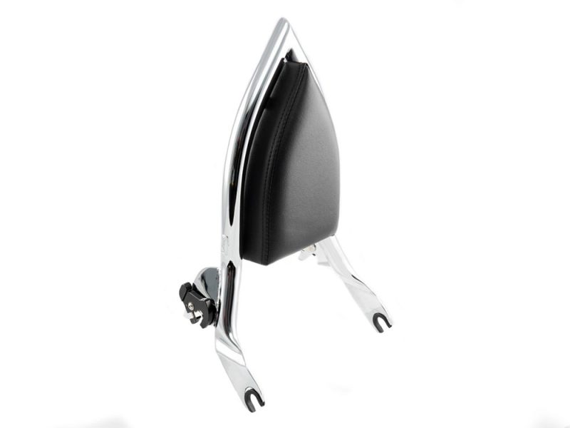 Sissy bar backrest with chrome support and black leather pad for motorcycle comfort and style.